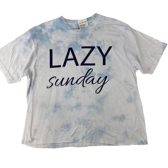 Cozy Rozy LAZY SUNDAY Blue White Tie Dye Relaxed Fit Casual Tee T-Shirt Large - Picture 1 of 7